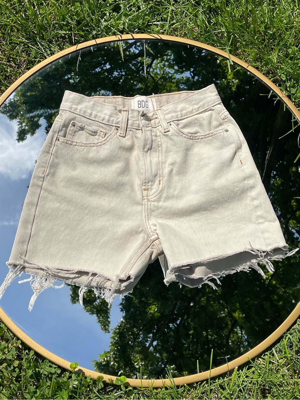BDG Off-White High-Rise Frayed Hem Denim Shorts